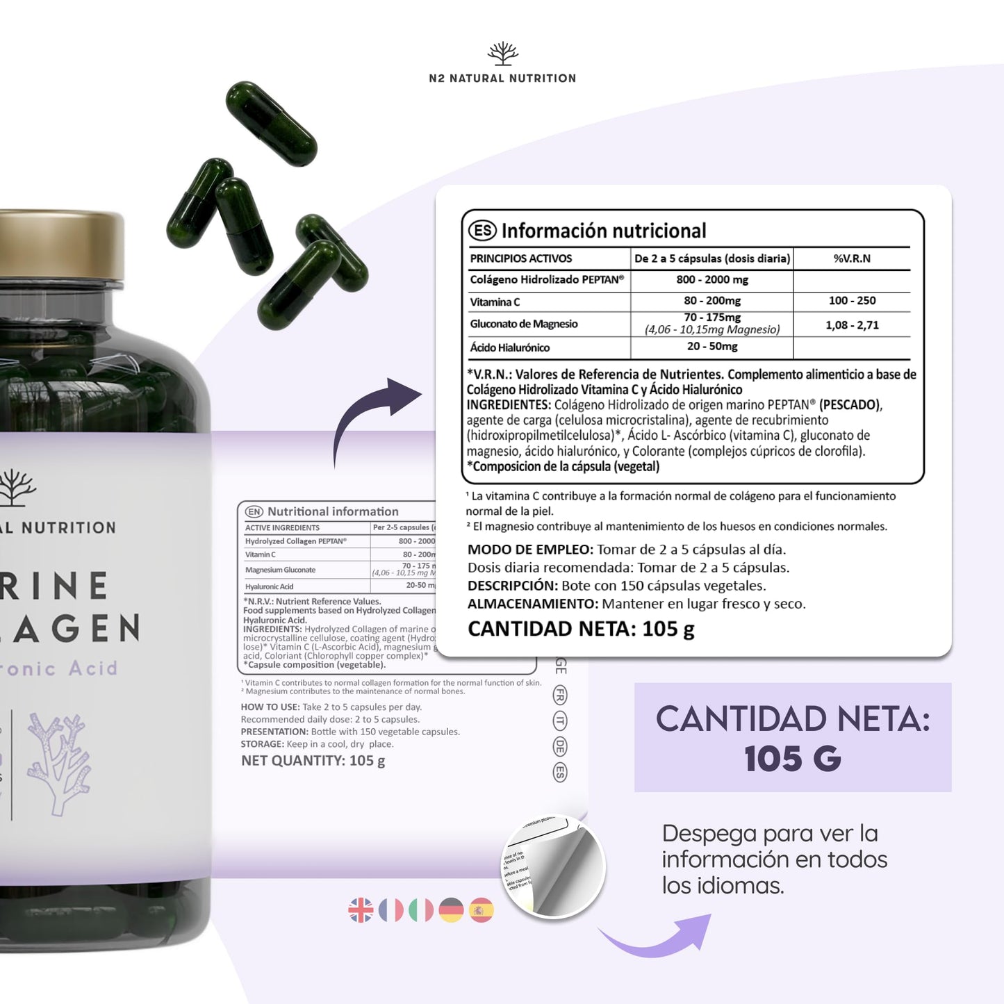 Colageno con Magnesio y Acido Hialuronico. Vitamina C. 150 Cápsulas Suministro 75 días. Alta Concentración. Cuidado de Articulaciones, Piel y Huesos. Colágeno Marino PEPTAN. CE.N2 Natural Nutrition