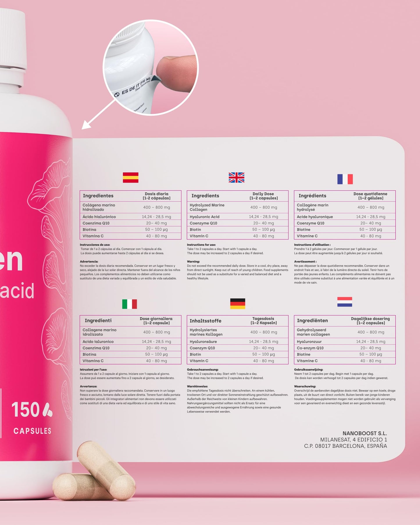 Colágeno Marino Hidrolizado Puro con Ácido Hialurónico, Vitamina C, Coenzima Q10 y Biotina - 150 Cápsulas, 5 Meses - Alta Biodisponibilidad - Péptidos Tipo I - Articulaciones, Piel, Pelo y Uñas
