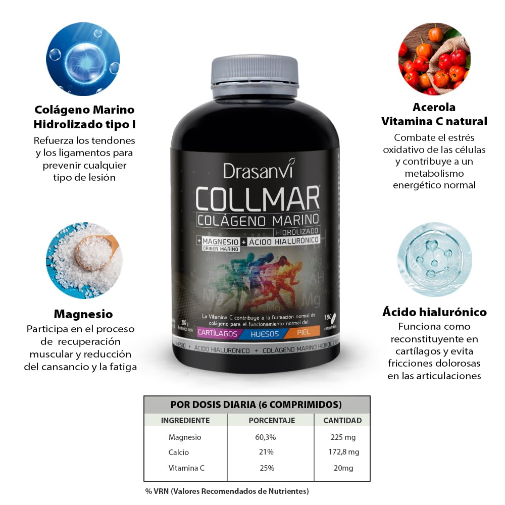 Drasanvi COLLMAR Colágeno Marino Hidrolizado con Ácido Hialurónico, Magnesio, Vitamina C natural | para cartílagos, huesos y piel | Alta dosis 3.900 mg/día | 180 comp = 30 días | Sabor vainilla