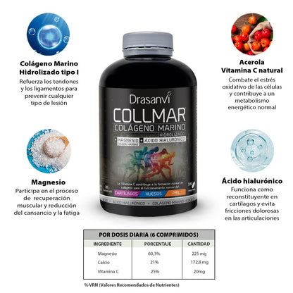 Drasanvi COLLMAR Colágeno Marino Hidrolizado con Ácido Hialurónico, Magnesio, Vitamina C natural | para cartílagos, huesos y piel | Alta dosis 3.900 mg/día | 180 comp = 30 días | Sabor vainilla