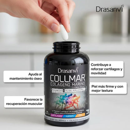 Drasanvi COLLMAR Colágeno Marino Hidrolizado con Ácido Hialurónico, Magnesio, Vitamina C natural | para cartílagos, huesos y piel | Alta dosis 3.900 mg/día | 180 comp = 30 días | Sabor vainilla