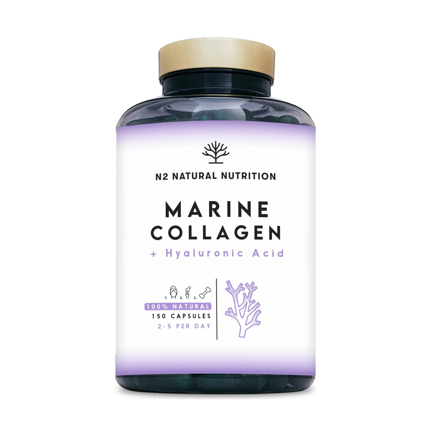 Colageno con Magnesio y Acido Hialuronico. Vitamina C. 150 Cápsulas Suministro 75 días. Alta Concentración. Cuidado de Articulaciones, Piel y Huesos. Colágeno Marino PEPTAN. CE.N2 Natural Nutrition