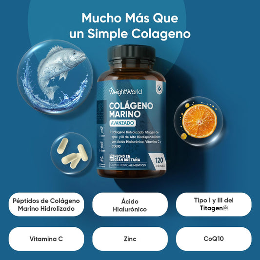 Colágeno Marino con Ácido Hialurónico, Vitamina C, Zinc y Coenzima Q10-120 Cápsulas de Colágeno Tipo I y III del Titagen®, Sin Estearato de Magnesio, OGM ni Gluten