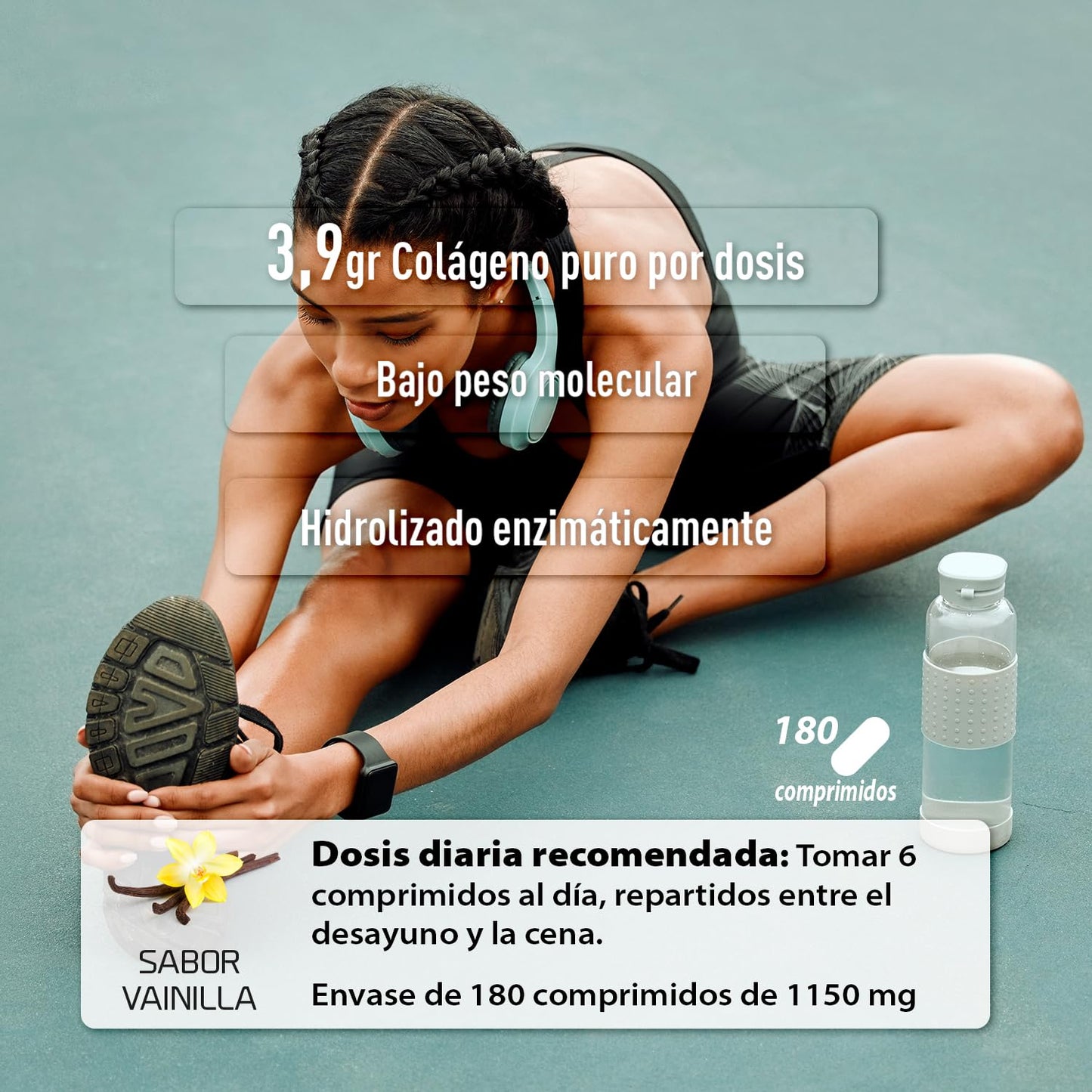 Drasanvi COLLMAR Colágeno Marino Hidrolizado con Ácido Hialurónico, Magnesio, Vitamina C natural | para cartílagos, huesos y piel | Alta dosis 3.900 mg/día | 180 comp = 30 días | Sabor vainilla