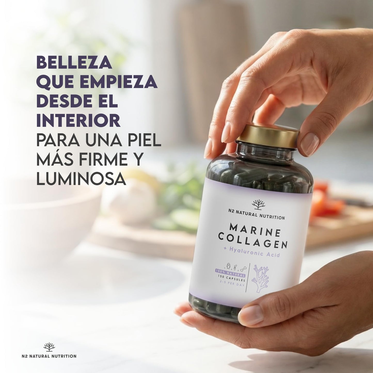 Colageno con Magnesio y Acido Hialuronico. Vitamina C. 150 Cápsulas Suministro 75 días. Alta Concentración. Cuidado de Articulaciones, Piel y Huesos. Colágeno Marino PEPTAN. CE.N2 Natural Nutrition