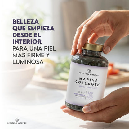 Colageno con Magnesio y Acido Hialuronico. Vitamina C. 150 Cápsulas Suministro 75 días. Alta Concentración. Cuidado de Articulaciones, Piel y Huesos. Colágeno Marino PEPTAN. CE.N2 Natural Nutrition