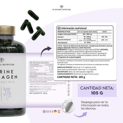 Colageno con Magnesio y Acido Hialuronico. Vitamina C. 150 Cápsulas Suministro 75 días. Alta Concentración. Cuidado de Articulaciones, Piel y Huesos. Colágeno Marino PEPTAN. CE.N2 Natural Nutrition