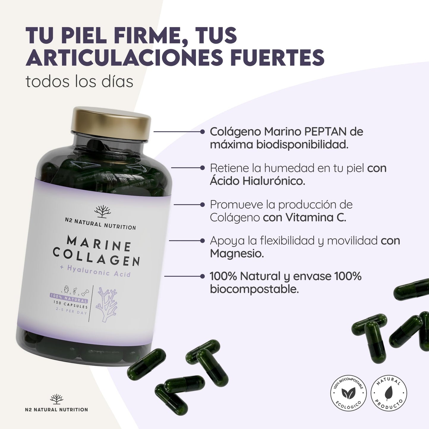 Colageno con Magnesio y Acido Hialuronico. Vitamina C. 150 Cápsulas Suministro 75 días. Alta Concentración. Cuidado de Articulaciones, Piel y Huesos. Colágeno Marino PEPTAN. CE.N2 Natural Nutrition