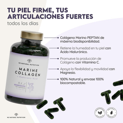 Colageno con Magnesio y Acido Hialuronico. Vitamina C. 150 Cápsulas Suministro 75 días. Alta Concentración. Cuidado de Articulaciones, Piel y Huesos. Colágeno Marino PEPTAN. CE.N2 Natural Nutrition