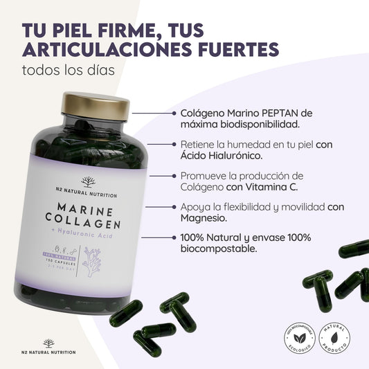 Colageno con Magnesio y Acido Hialuronico. Vitamina C. 150 Cápsulas Suministro 75 días. Alta Concentración. Cuidado de Articulaciones, Piel y Huesos. Colágeno Marino PEPTAN. CE.N2 Natural Nutrition