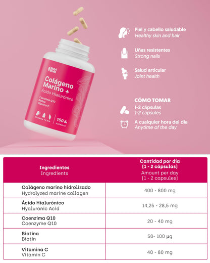 Colágeno Marino Hidrolizado Puro con Ácido Hialurónico, Vitamina C, Coenzima Q10 y Biotina - 150 Cápsulas, 5 Meses - Alta Biodisponibilidad - Péptidos Tipo I - Articulaciones, Piel, Pelo y Uñas
