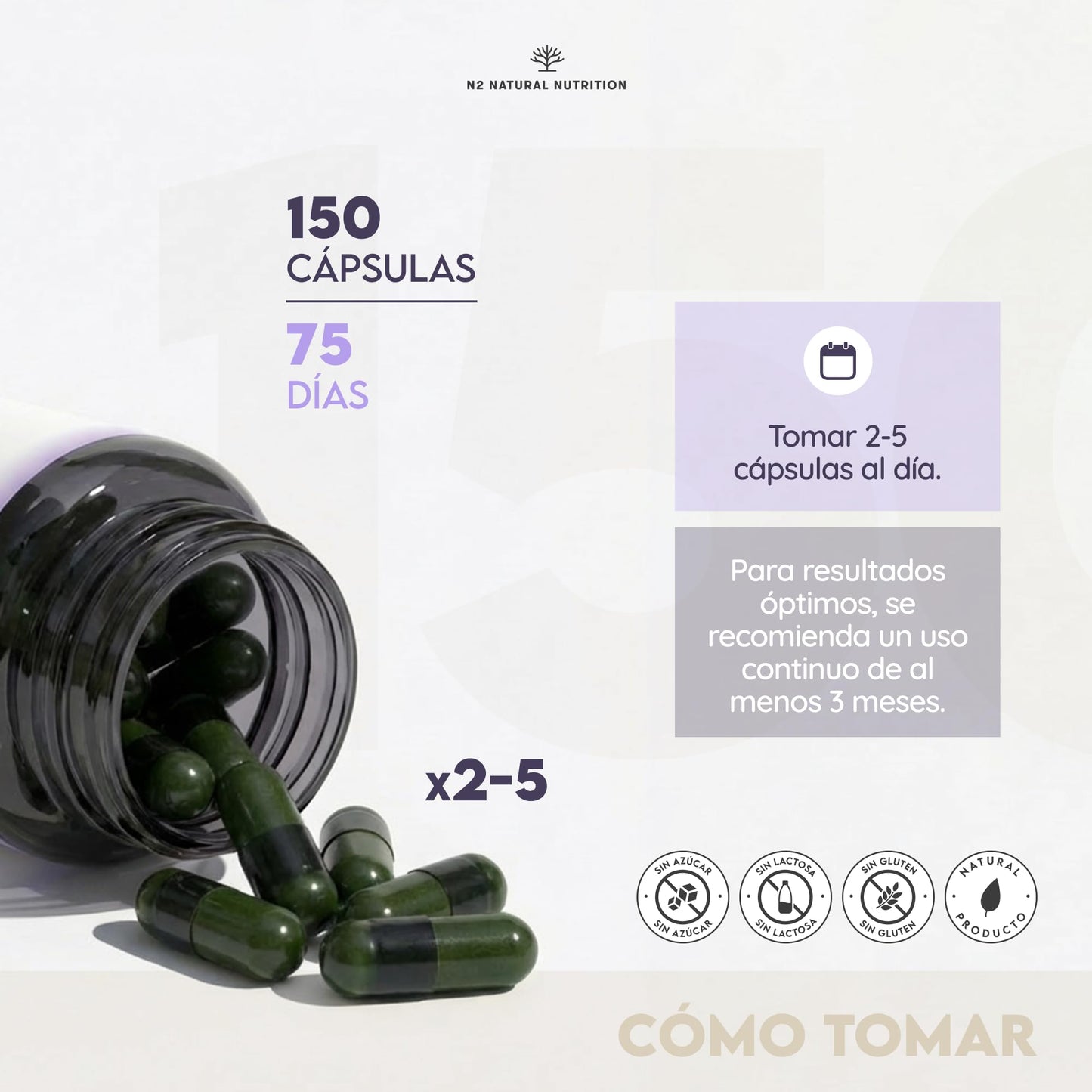 Colageno con Magnesio y Acido Hialuronico. Vitamina C. 150 Cápsulas Suministro 75 días. Alta Concentración. Cuidado de Articulaciones, Piel y Huesos. Colágeno Marino PEPTAN. CE.N2 Natural Nutrition