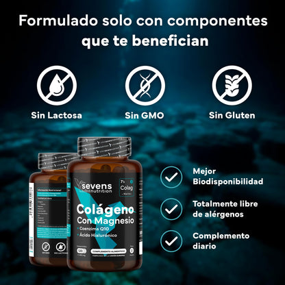 Colágeno Hidrolizado Puro con Magnesio Ácido Hialurónico y Coenzima Q10 - Colageno Marino para Huesos, Articulaciones y Piel - Con Vitaminas A, C, D3, B12 y Zinc - 120 Cápsulas - Sevens
