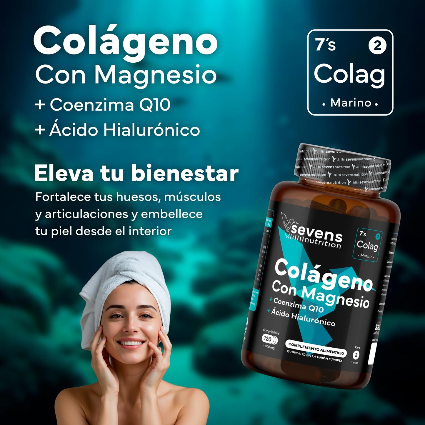 Colágeno Hidrolizado Puro con Magnesio Ácido Hialurónico y Coenzima Q10 - Colageno Marino para Huesos, Articulaciones y Piel - Con Vitaminas A, C, D3, B12 y Zinc - 120 Cápsulas - Sevens