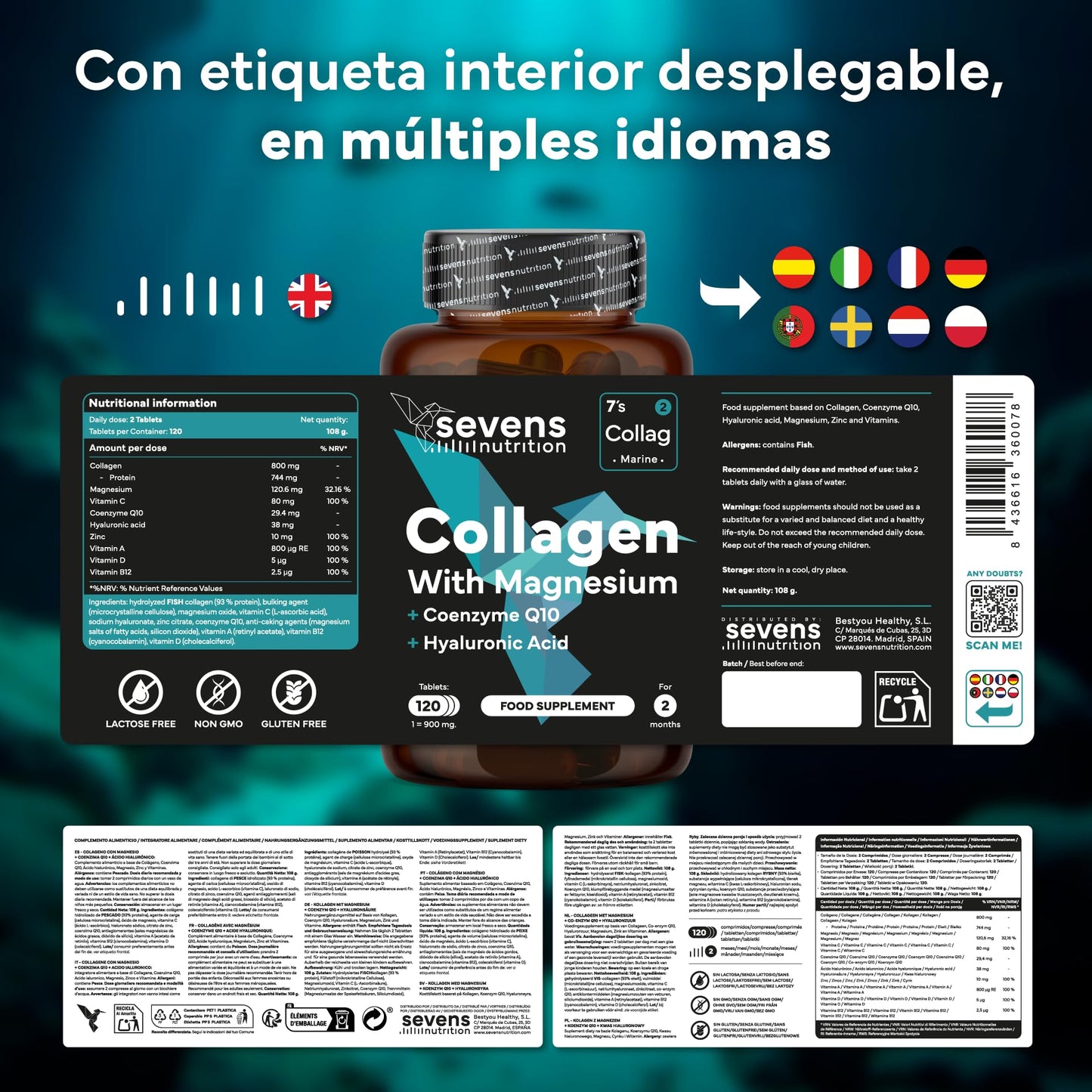 Colágeno Hidrolizado Puro con Magnesio Ácido Hialurónico y Coenzima Q10 - Colageno Marino para Huesos, Articulaciones y Piel - Con Vitaminas A, C, D3, B12 y Zinc - 120 Cápsulas - Sevens