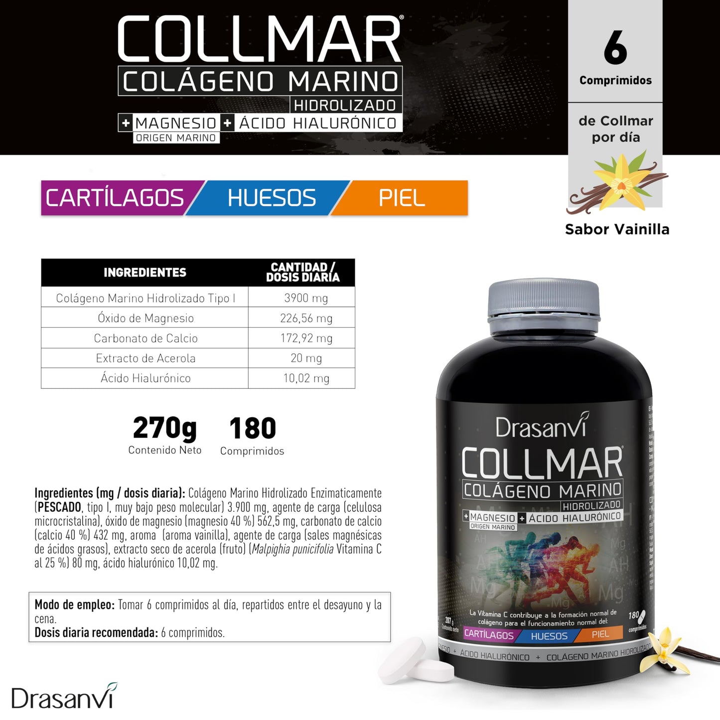 Drasanvi COLLMAR Colágeno Marino Hidrolizado con Ácido Hialurónico, Magnesio, Vitamina C natural | para cartílagos, huesos y piel | Alta dosis 3.900 mg/día | 180 comp = 30 días | Sabor vainilla