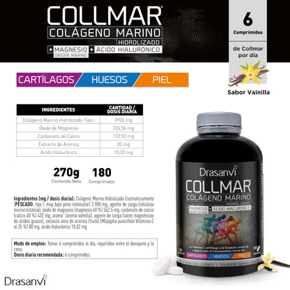 Drasanvi COLLMAR Colágeno Marino Hidrolizado con Ácido Hialurónico, Magnesio, Vitamina C natural | para cartílagos, huesos y piel | Alta dosis 3.900 mg/día | 180 comp = 30 días | Sabor vainilla