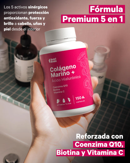 Colágeno Marino Hidrolizado Puro con Ácido Hialurónico, Vitamina C, Coenzima Q10 y Biotina - 150 Cápsulas, 5 Meses - Alta Biodisponibilidad - Péptidos Tipo I - Articulaciones, Piel, Pelo y Uñas